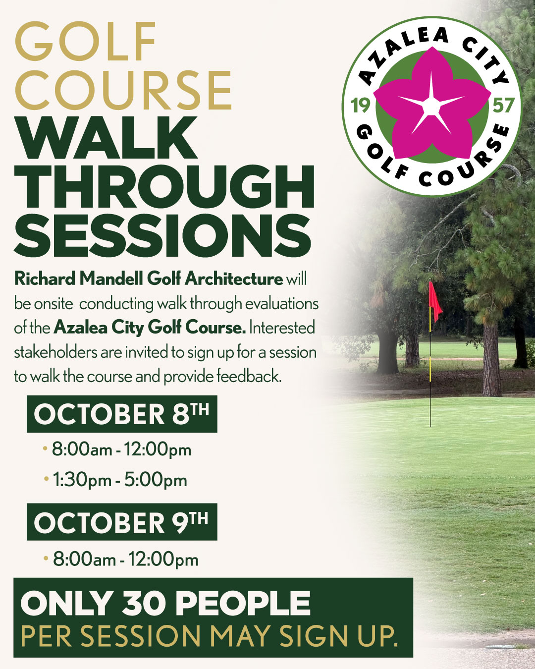 Golf Course Walk-Through Sessions flyer: Richard Mandell Golf Architecture site-visit walkthroughs, October 8-9, limited to 30 people per session
